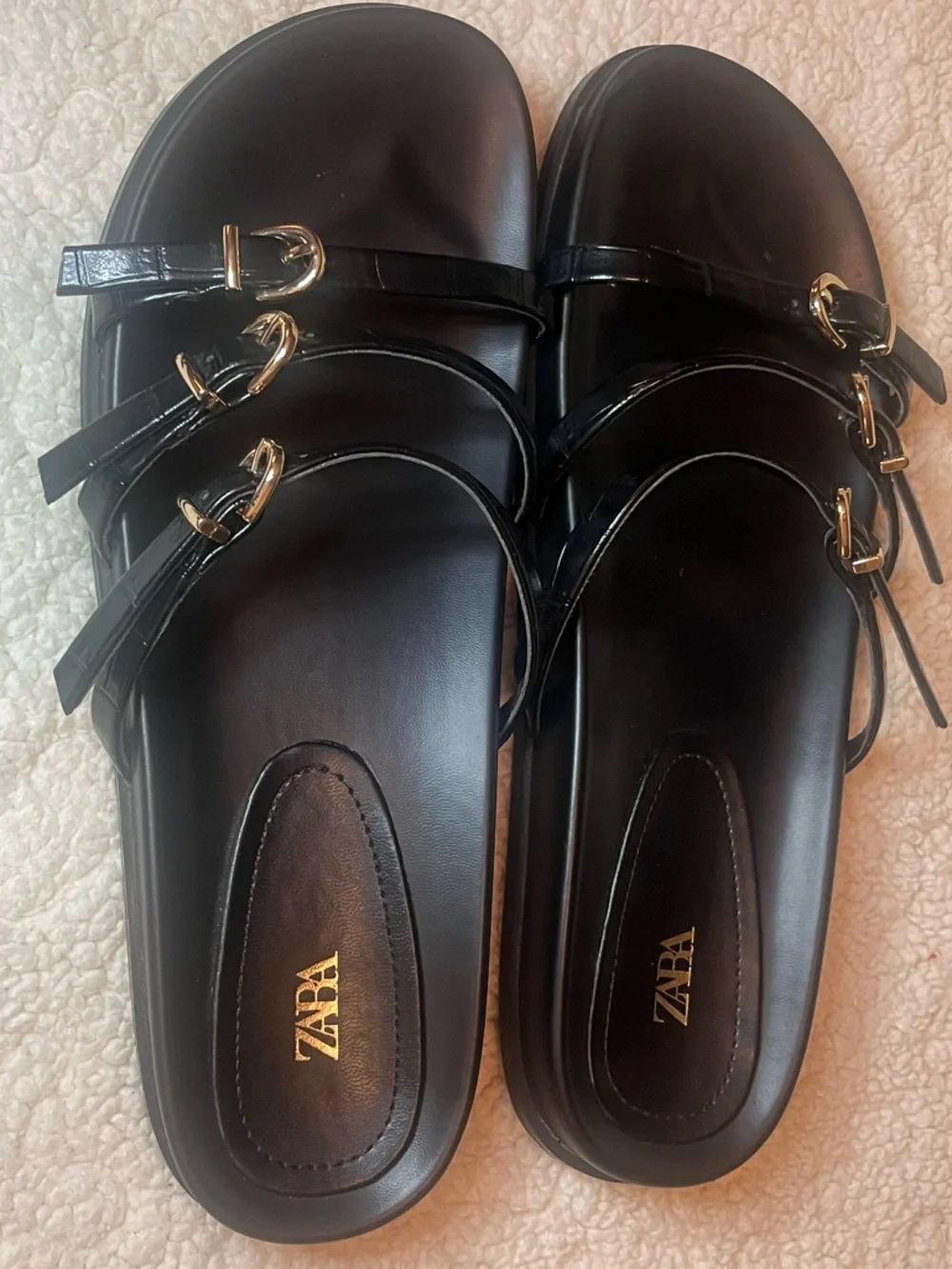 Zara Black Slide Sandals Buckle Strappy Flat Size 39 / US 8 - Picture 5 of 8